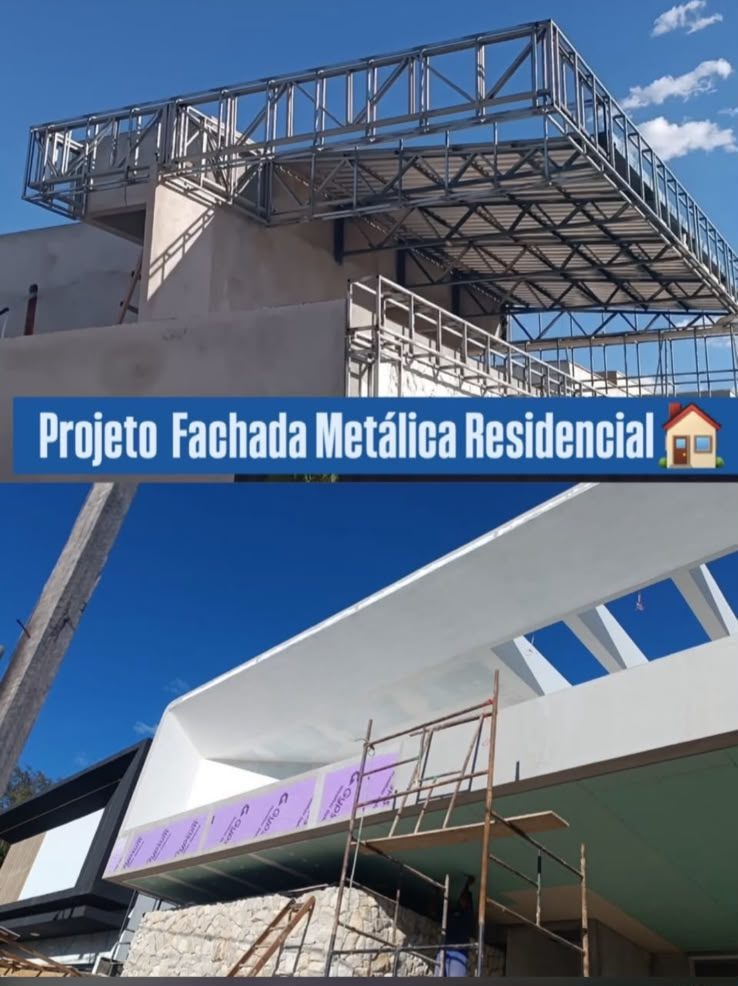 Estrutura metálica de fachada residencial em fase de execução
